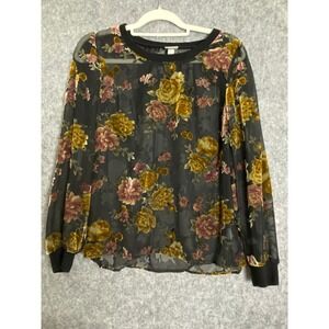 Sheer Floral Blouse A New Day Women's Small Black Long Sleeve Dark Romantic Top